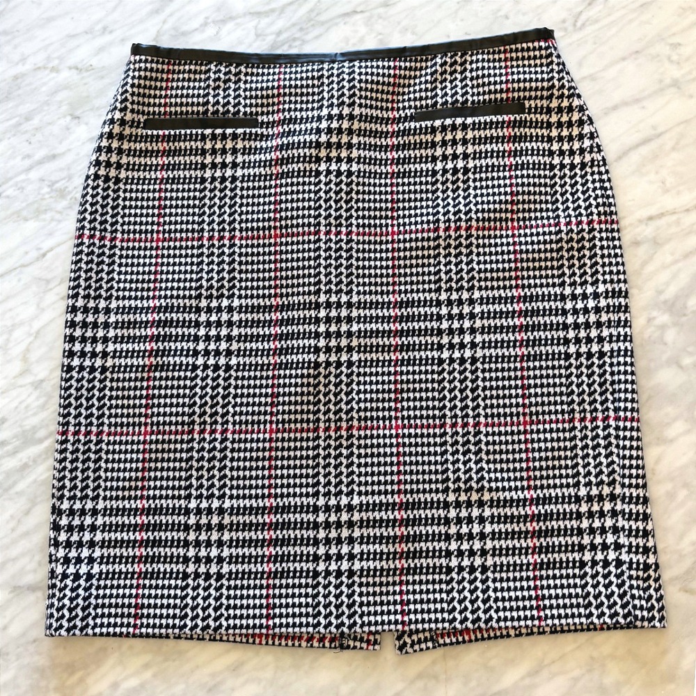 Talbots Houndstooth Plaid Skirt 16 Faux Leather Trim Career Classic Midi Cotton
